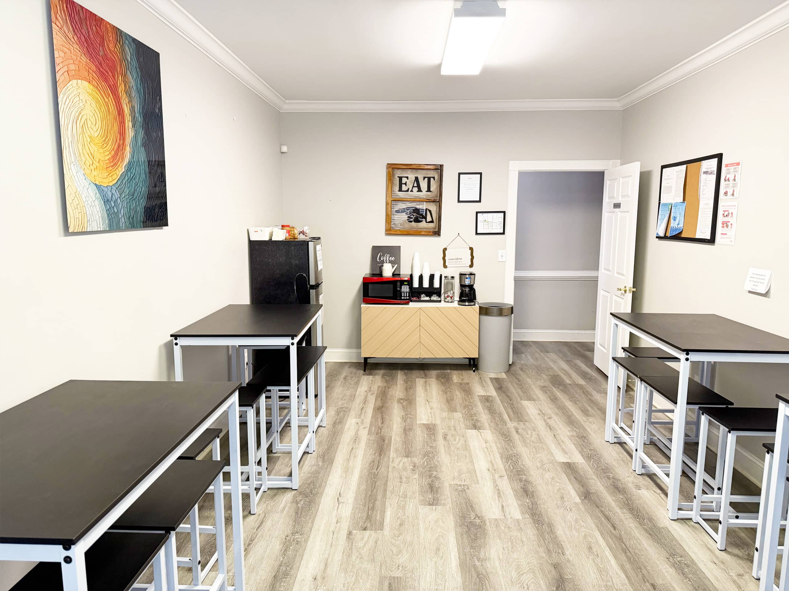 Eating room and community space at Hooked on Hope Mental Health in Hiram, Georgia